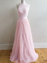A-Line/Princess Halter Sleeveless Sweep/Brush Train Tulle Prom Formal Dress with Lace