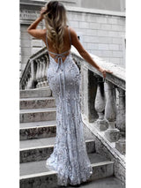 Trumpet/Mermaid V-neck Sleeveless Floor-Length Tulle Prom Formal Dress with Sequins