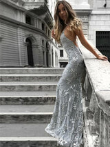 Trumpet/Mermaid V-neck Sleeveless Floor-Length Tulle Prom Formal Dress with Sequins