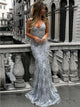 Trumpet/Mermaid V-neck Sleeveless Floor-Length Tulle Prom Formal Dress with Sequins