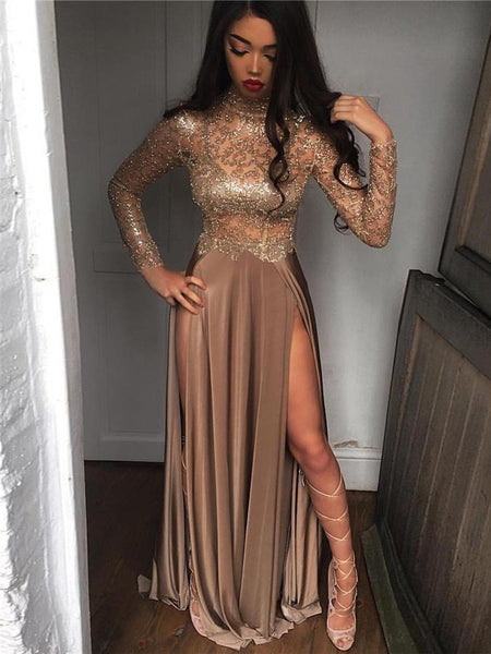 A-Line/Princess High Neck Long Sleeves Court Train Sequins Prom Formal Dress with Sequins
