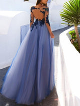 A-Line/Princess Bateau Long Sleeves Floor-Length Tulle Prom Formal Dress with Applique