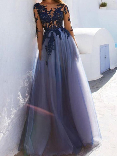 A-Line/Princess Bateau Long Sleeves Floor-Length Tulle Prom Formal Dress with Applique