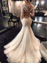 Trumpet/Mermaid V-neck Long Sleeves Tulle Court Train Wedding Dress with Lace