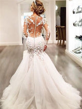 Trumpet/Mermaid V-neck Long Sleeves Tulle Court Train Wedding Dress with Lace