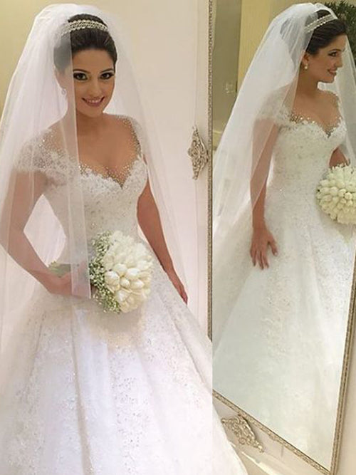 Ball Gown V-neck Sleeveless Tulle Floor Length Wedding Dress with Beading