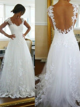 A-Line/Princess V-neck Sleeveless Tulle Sweep/Brush Train Bridal Dress with Lace
