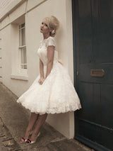A-Line/Princess High Neck Short Sleeves Lace Tea Length Wedding Gown with Bowknot