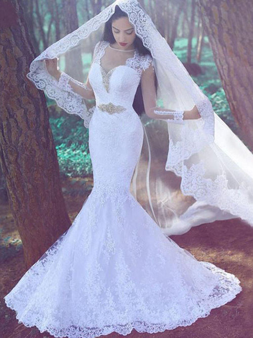 Trumpet/Mermaid Sweetheart Court Train Long Sleeves Lace Bride Dress with Applique