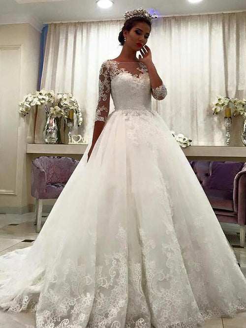 Ball Gown Bateau Court Train 3/4 Sleeves Tulle Wedding Dress with Lace