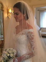 Sheath/Column Off-the-Shoulder Court Train Long Sleeves Wedding Dress