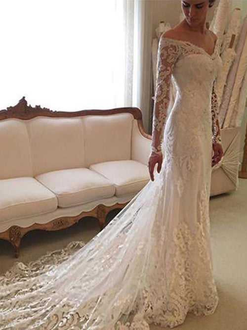 Sheath/Column Off-the-Shoulder Court Train Long Sleeves Wedding Dress