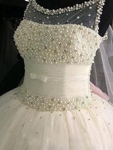 Ball Gown Scoop Floor-Length Sleeveless Tulle Wedding Dress with Beading
