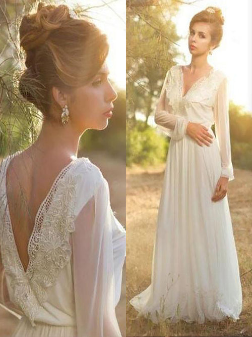 A-Line/Princess V-neck Sweep/Brush Train Long Sleeves Chiffon Wedding Dress with Lace