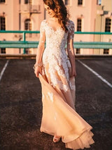 A-Line/Princess V-neck Sweep/Brush Train Long Sleeves Tulle Bride Dress
