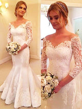 Trumpet/Mermaid Off-the-Shoulder Court Train 3/4 Sleeves Satin Wedding Dress