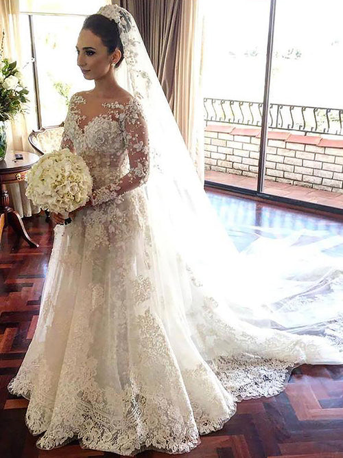 A-Line/Princess Bateau Chapel Train Long Sleeves Tulle Wedding Dress with Lace