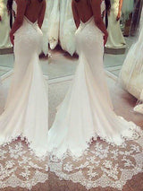 Trumpet/Mermaid Spaghetti Straps Court Train Sleeveless Satin Wedding Dress with Applique