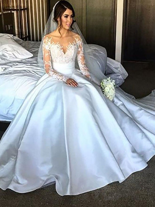 Ball Gown Off-the-Shoulder Court Train Long Sleeves Satin Wedding Dress