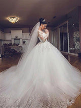 Ball Gown V-neck Court Train Long Sleeves Tulle Wedding Dress