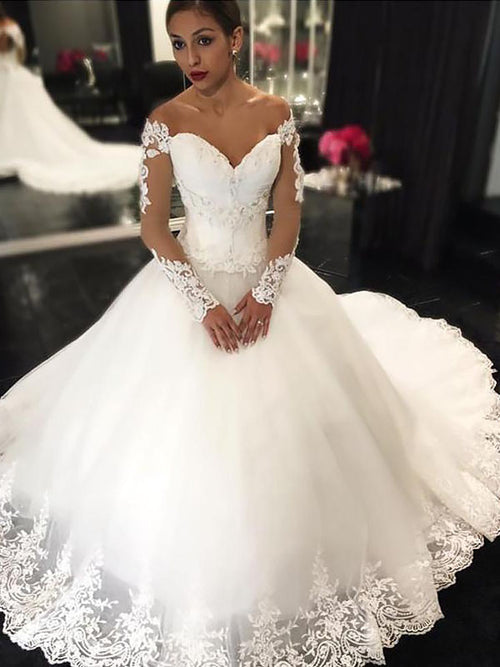 Ball Gown Off-the-Shoulder Court Train Sleeveless Tulle Wedding Dress with Applique