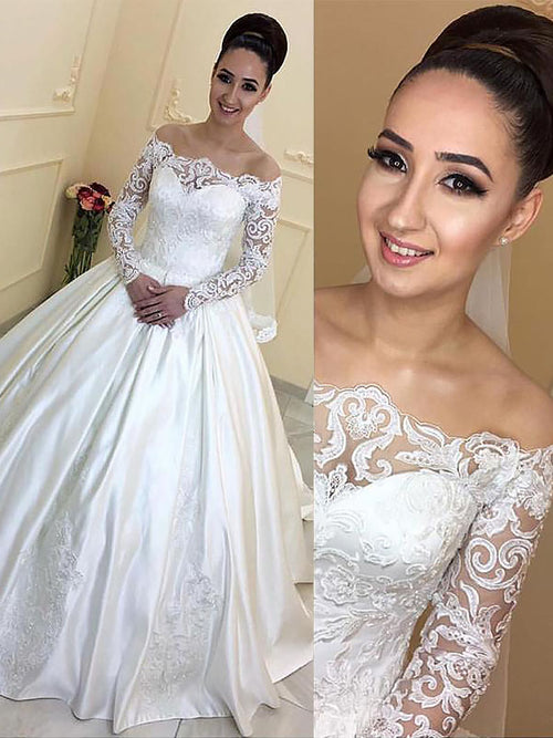 Ball Gown Off-the-Shoulder Court Train Long Sleeves Satin Bridal Dress