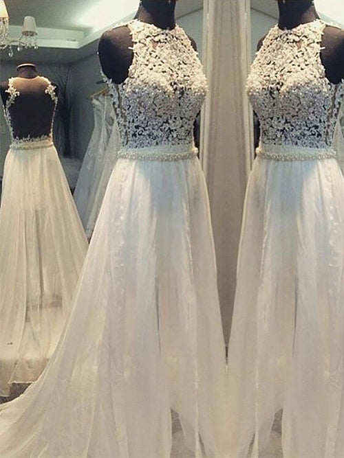 A-Line/Princess Scoop Sweep/Brush Train Sleeveless Chiffon Wedding Dress