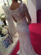 Sheath/Column Scoop Sweep/Brush Train Long Sleeves Chiffon Wedding Dress with Lace