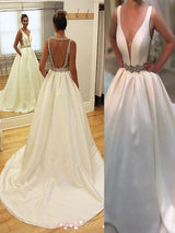 A-Line/Princess V-neck Court Train Sleeveless Satin Wedding Dress