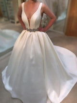 A-Line/Princess V-neck Court Train Sleeveless Satin Wedding Dress