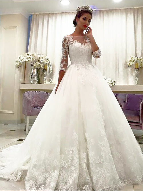 Ball Gown Bateau Court Train 3/4 Sleeves Tulle Wedding Dress