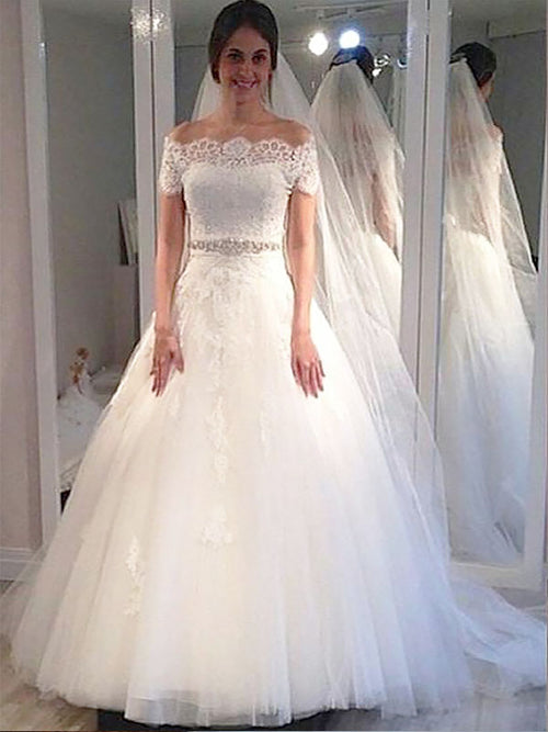 Ball Gown Off-the-Shoulder Sweep/Brush Train Short Sleeves Tulle Wedding Dress