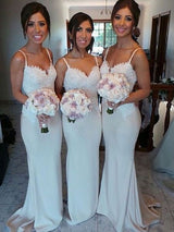 Sheath/Column Sweetheart Satin Sweep/Brush Train Sleeveless Bridesmaid Dress with Lace