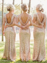 Sheath/Column Bateau Sequins Floor Length Short Sleeves Bridesmaid Dress