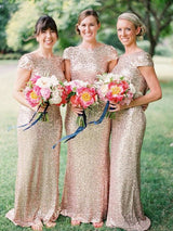 Sheath/Column Bateau Sequins Floor Length Short Sleeves Bridesmaid Dress