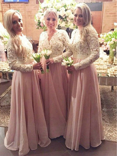 A-Line/Princess V-neck Chiffon Floor Length Long Sleeves Bridesmaid Dress with Lace