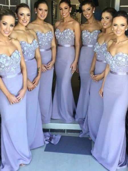 Sheath/Column Sweetheart Satin Sweep/Brush Train Sleeveless Bridesmaid Dress with Hand-Made Flower