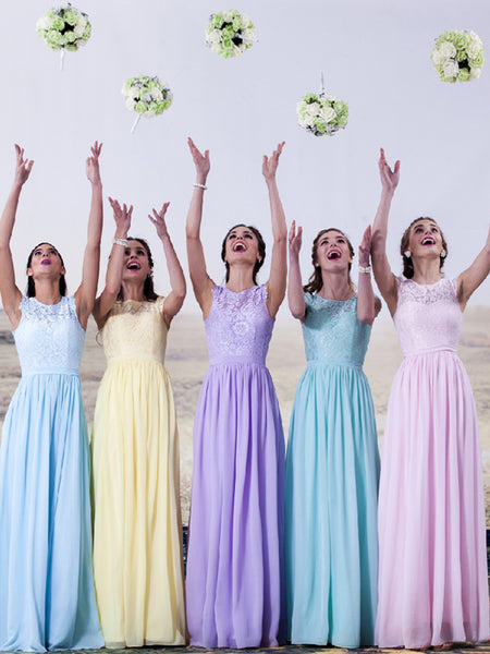 A-Line/Princess Scoop Chiffon Floor Length Sleeveless Bridesmaid Dress with Lace