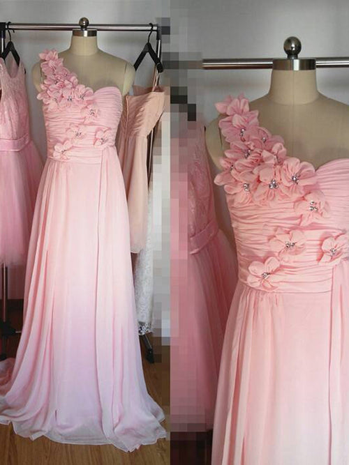 A-Line/Princess One-Shoulder Chiffon Floor Length Sleeveless Bridesmaid Dress with Hand-Made Flower