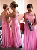 A-Line/Princess Scoop Chiffon Floor Length Sleeveless Bridesmaid Dress with Lace