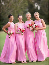 A-Line/Princess Scoop Chiffon Floor Length Sleeveless Bridesmaid Dress with Lace