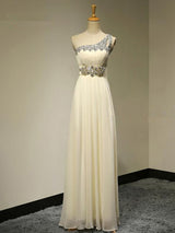 A-Line/Princess One-Shoulder Chiffon Floor Length Sleeveless Bridesmaid Dress with Beading