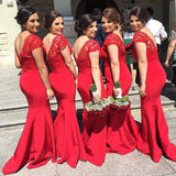 A-Line/Princess V-neck Satin Floor Length Sleeveless Bridesmaid Dress with Lace