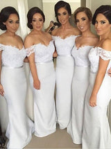 Sheath/Column Off-the-Shoulder Satin Floor Length Sleeveless Bridesmaid Dress with Lace