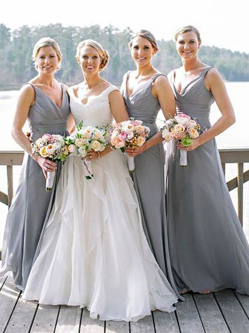 A-Line/Princess V-neck Chiffon Floor Length Sleeveless Bridesmaid Dress