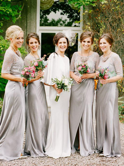 A-Line/Princess Scoop Satin Floor Length 1/2 Sleeves Bridesmaid Dress