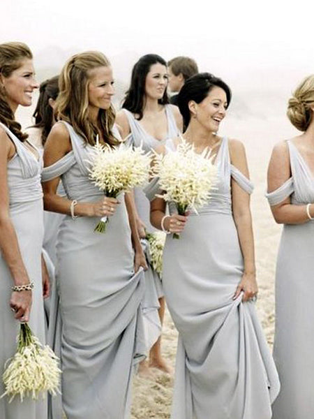 Sheath/Column V-neck Chiffon Floor Length Sleeveless Bridesmaid Dress