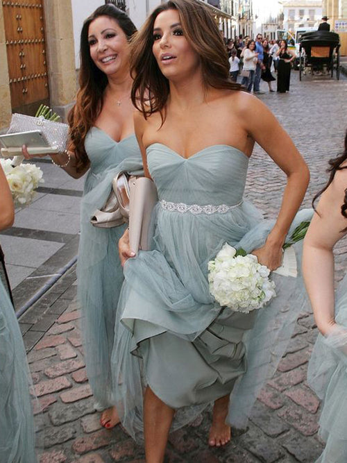 A-Line/Princess Sweetheart Tulle Floor Length Sleeveless Bridesmaid Dress with Beading
