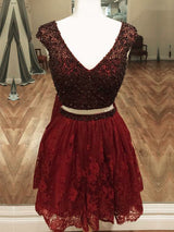 A-Line/Princess V-neck Lace Sleeveless Short/Mini Two Piece Dress with Beading
