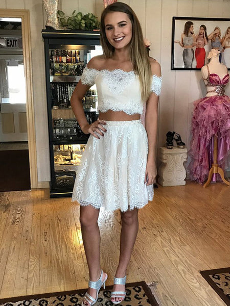 A-Line/Princess Off-the-Shoulder Lace Sleeveless Short/Mini Two Piece Dress with Lace